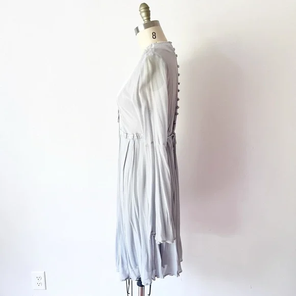 Anthropologie GHOST London Bell Sleeve Light Blue Gray Dress Button Back - Picture 6 of 9